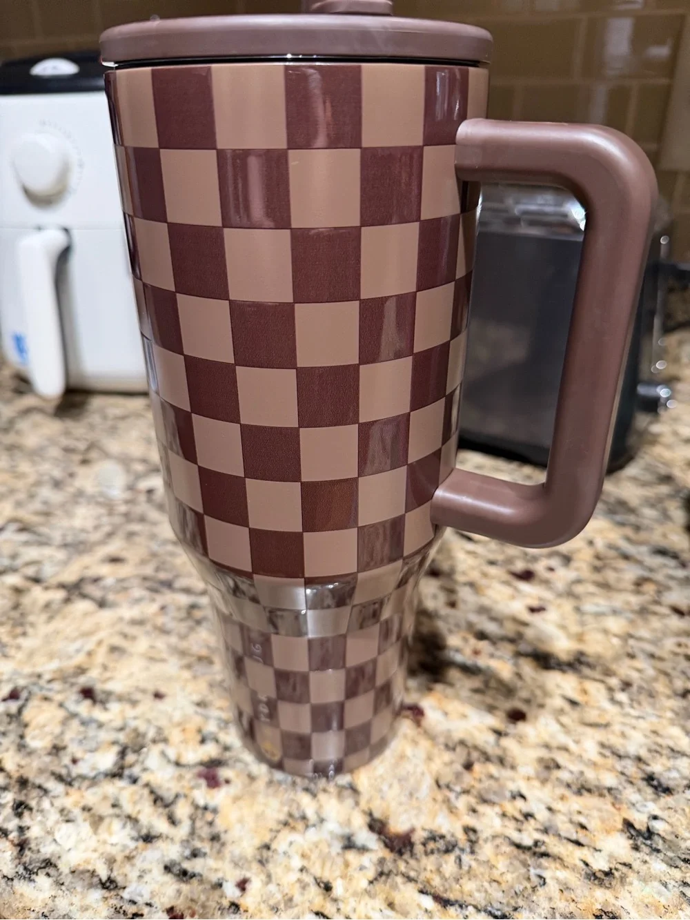 Insulated Checkerboard Travel Mug - Brown